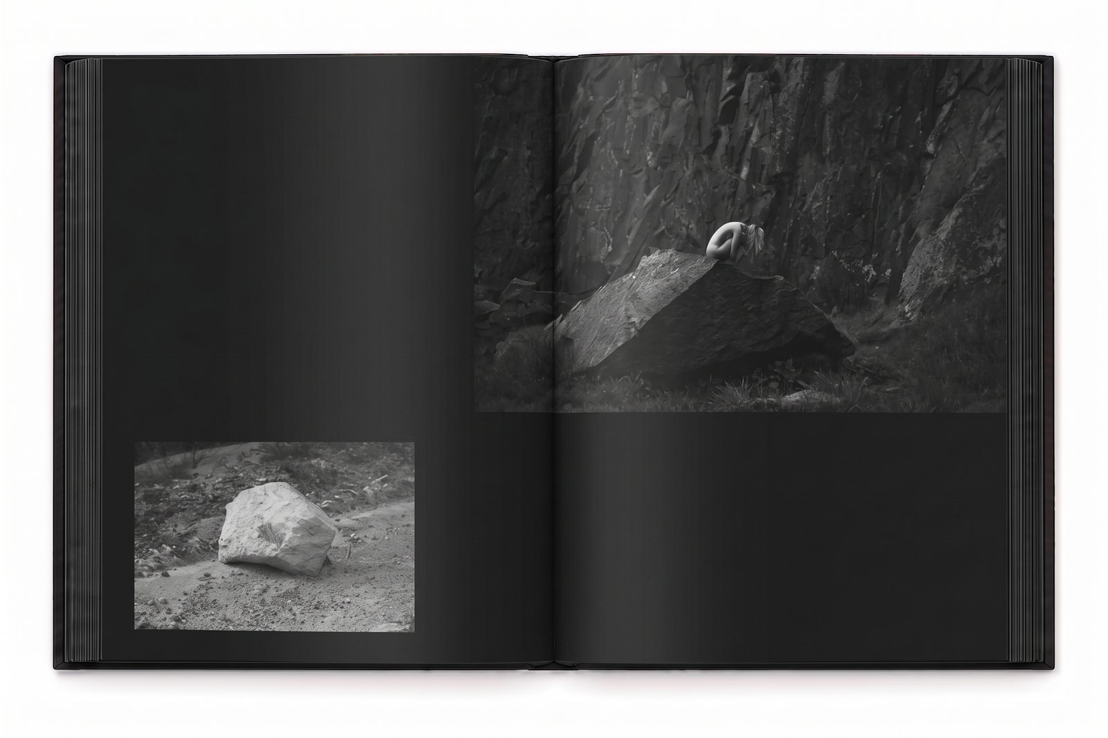 Mockup de DAWN aberto, com imagem de figura em uma paisagem rochosa