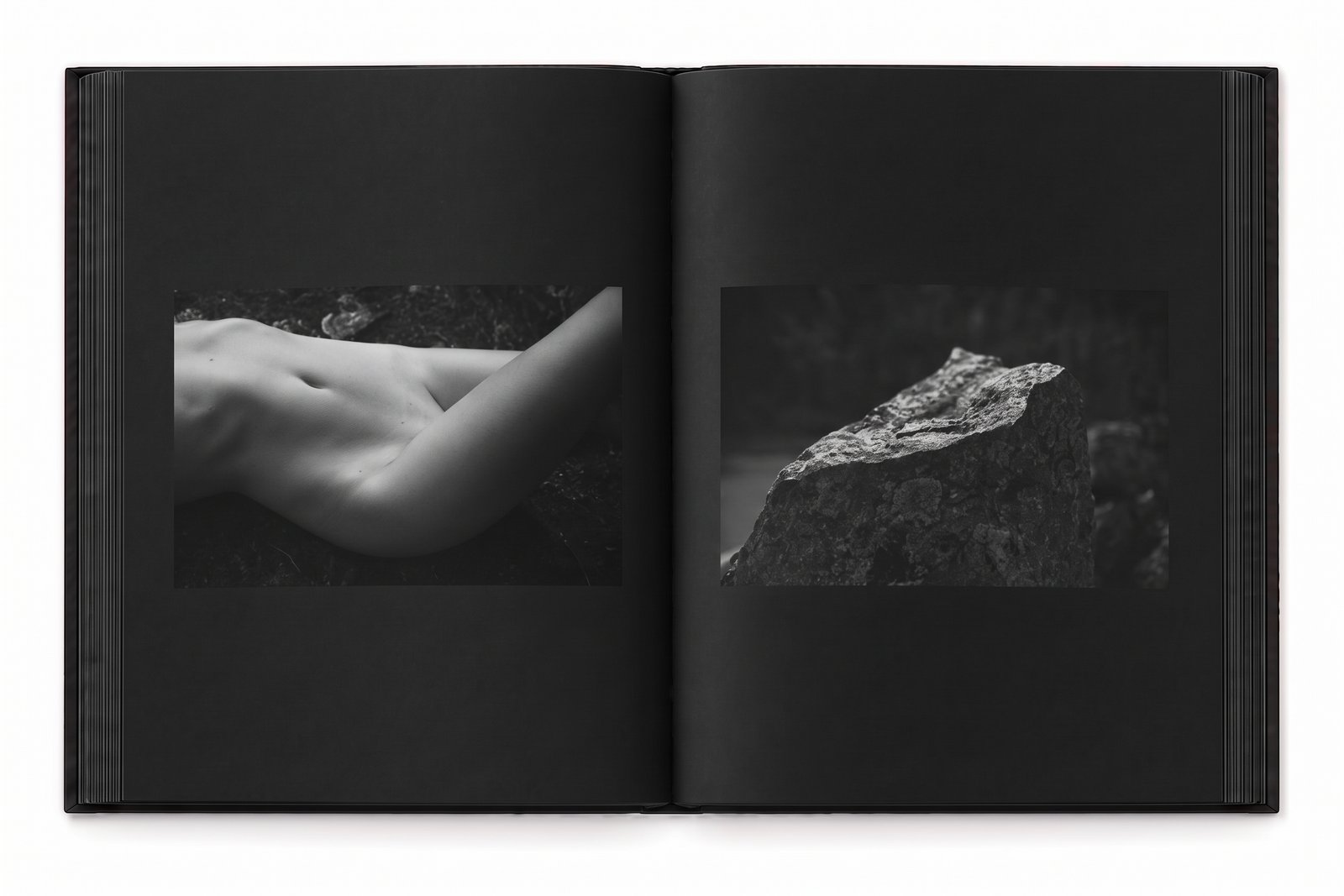 Mockup de DAWN aberto, com fotografias em preto e branco